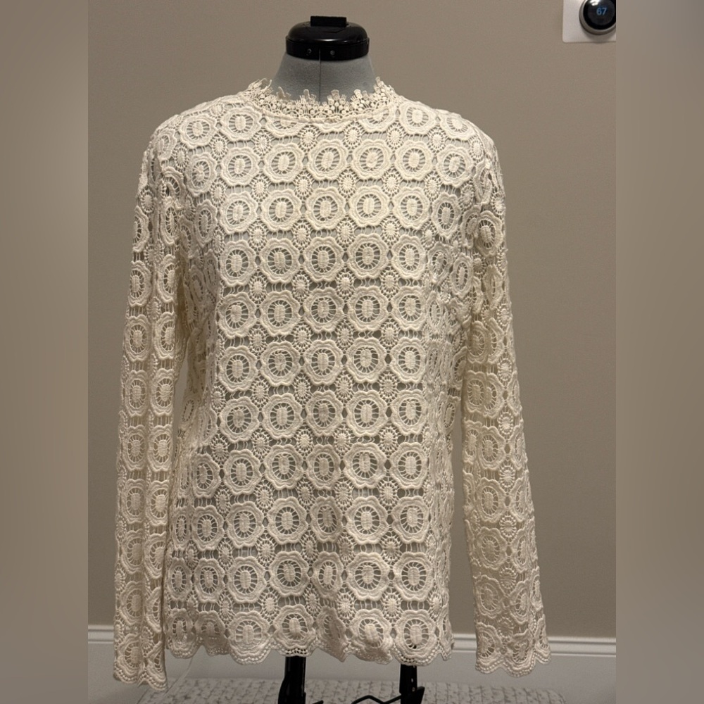 J. McLaughlin Ivory Lace Blouse Lined Body Sheer Sleeves Mock Neck Scallop Hem L